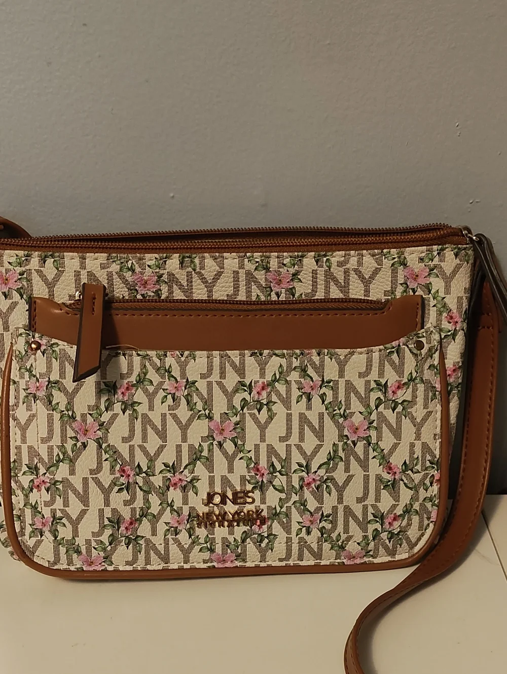Jones New York Tan Trim Floral Logo Crossbody with Pink Blossoms